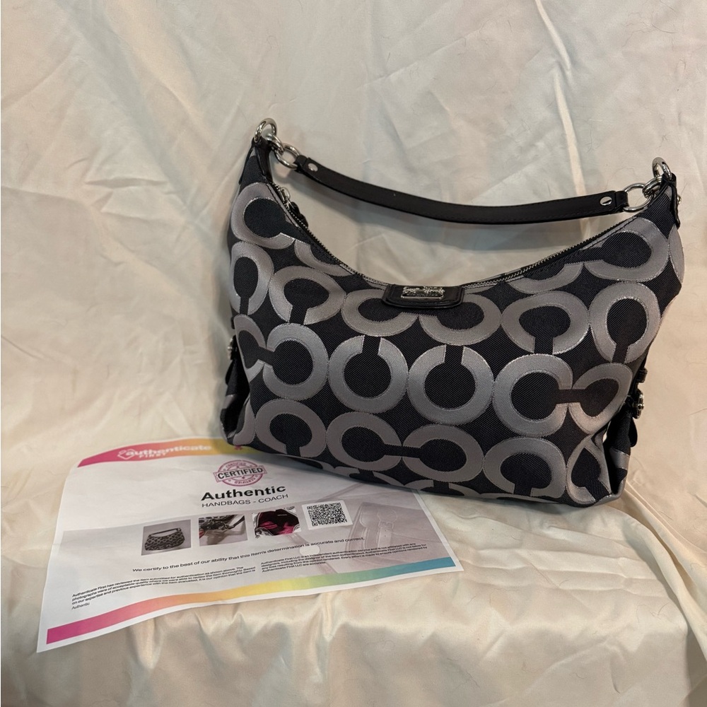 Coach Black and Gray Shoulder Bag with Bold Pattern